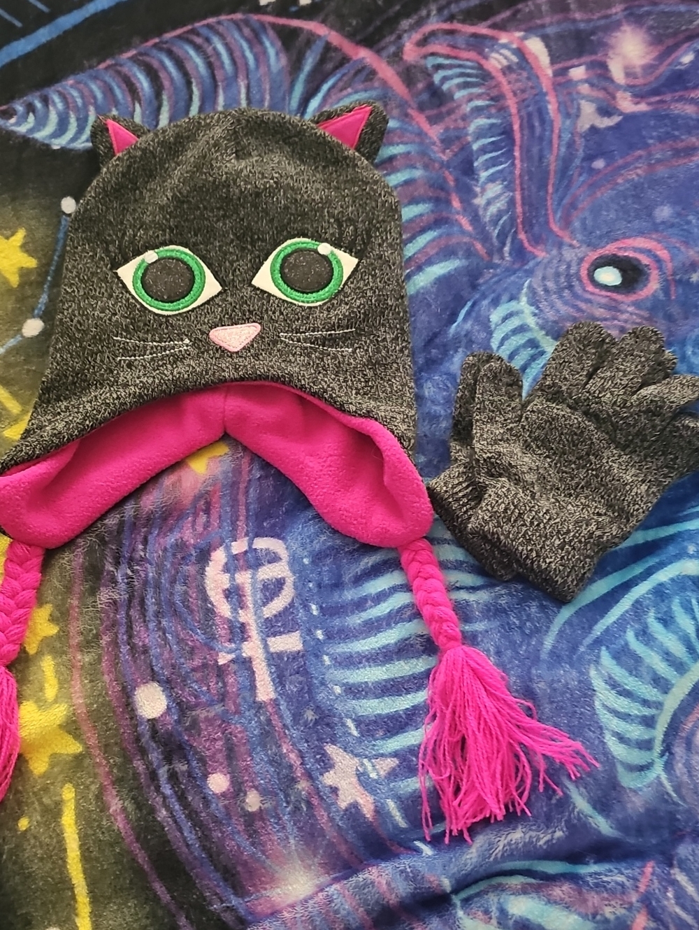 Kids Cat Ear Winter Hat & Glove Set - Pink Lining